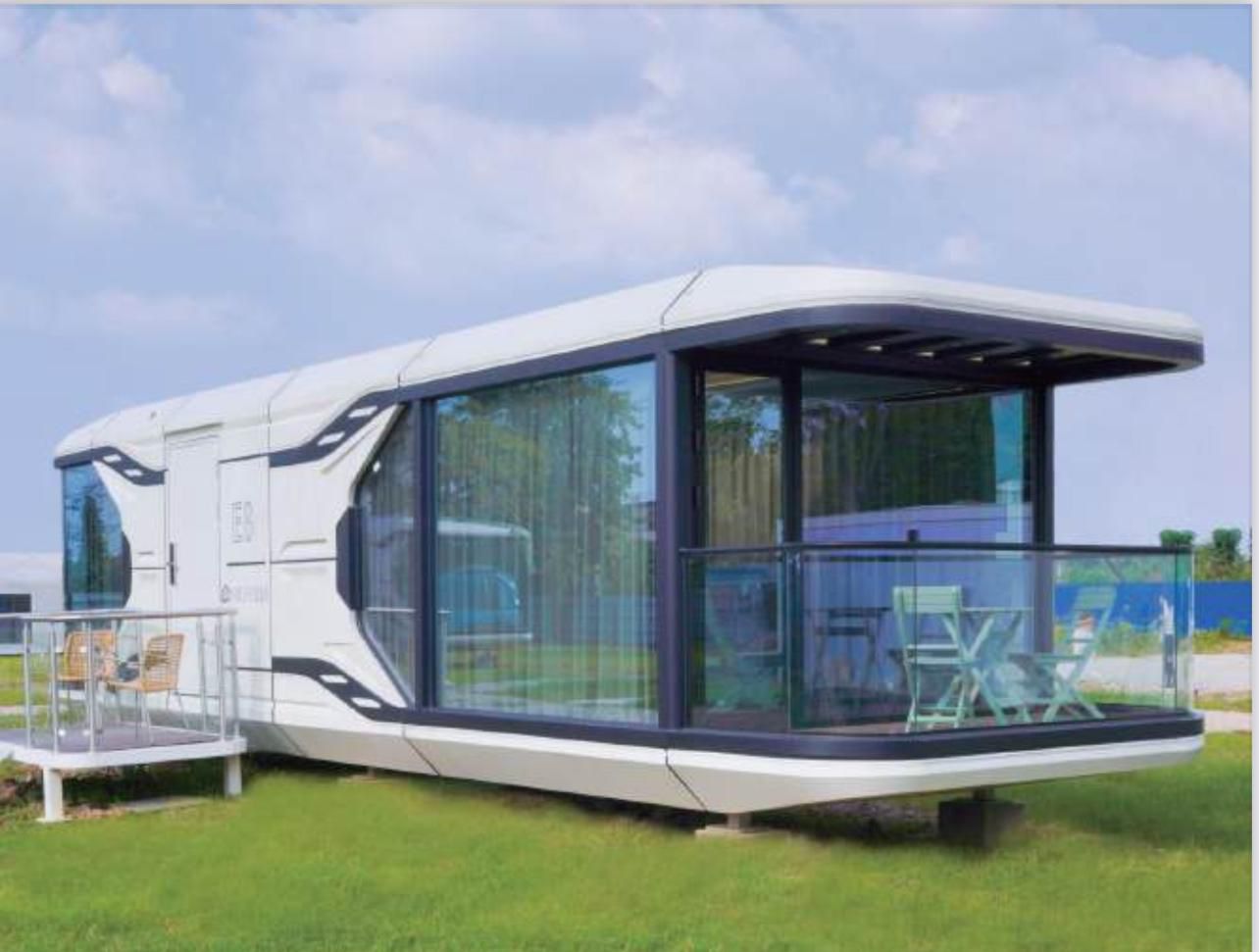 Rounded capsule home concept with glass front and deck